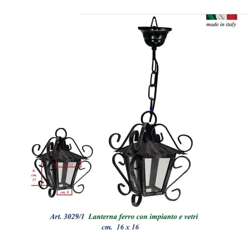 Lanterna da soffitto con catena In ferro Battuto MOD SMALL 16x16xh30 cm - peso 1,4 kg ,Lampada mod E27 interno esterno con vetri e impianto colore nero Sessa Ferro Battuto Compra Online