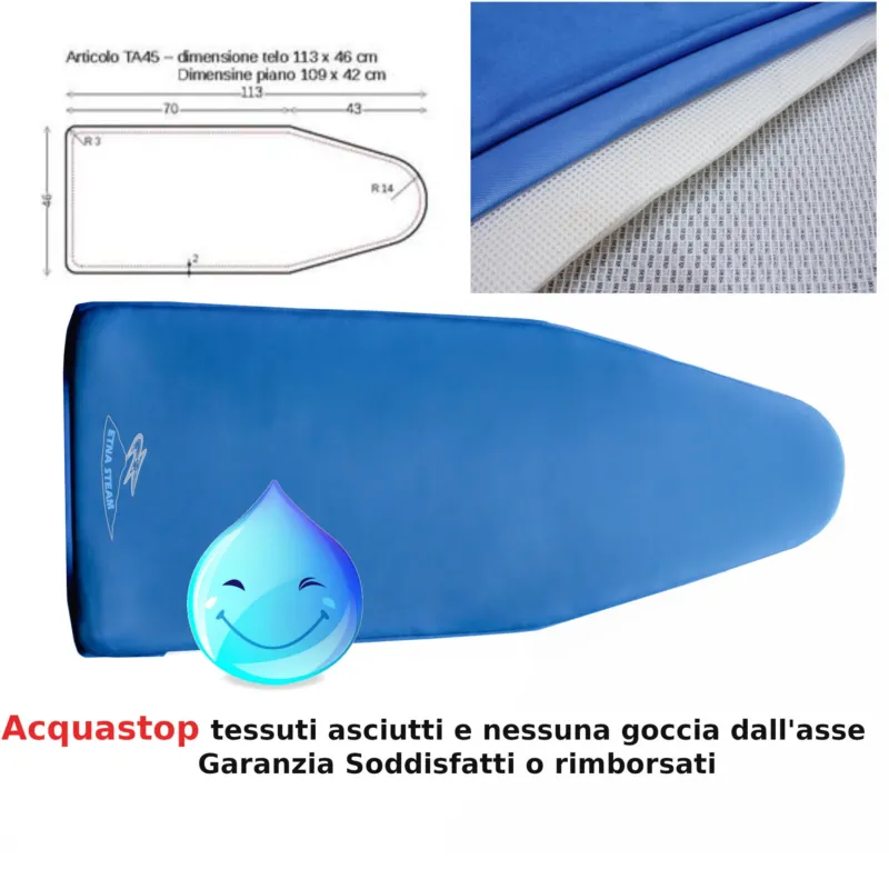 Copriasse ACQUASTOP per assi da stiro X Assi COMAPACT EUROMETALNOVA a 113x46 cm per assi da Stiro con piano 109x42, tessuto con imbottitura 600 gr blu Etna Steam Prezzo Basso