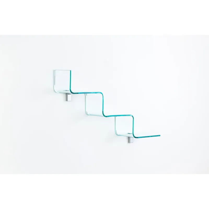 Nuova Collezione Mensola sagomata in vetro Curvato A 3 gradini STEP trasparente da 8 mm Dimensioni 85x20,5xh 11 cm completa di supporti in alluminio reggi mensola inclusi Vetro Curvato