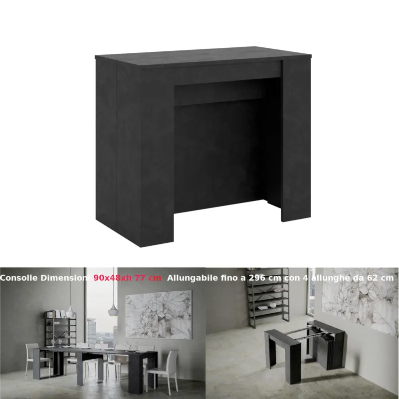 Consolle Allungabile con 4 allunghe Venus 90x48xh77 cm estensibile fino a 296 cm Allunghe all‘interno tutto in legno di Frassino colore Antracite Itamoby Promozione