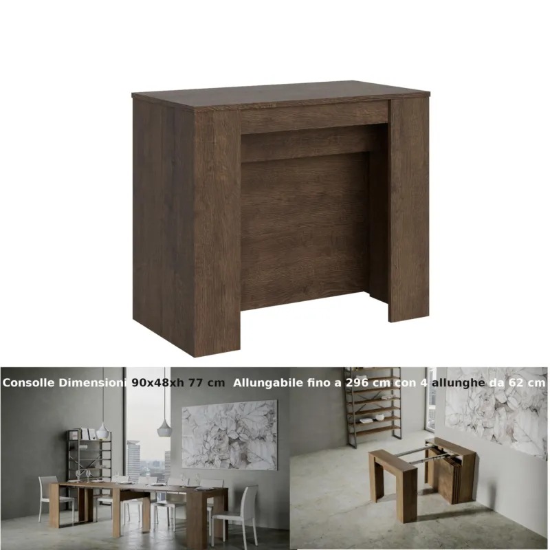 Consolle Allungabile con 4 allunghe Venus 90x48xh77 cm estensibile fino a 296 cm Allunghe all‘interno tutto in legno di Frassino colore Noce Itamoby Soddisfatti O Rimborsati