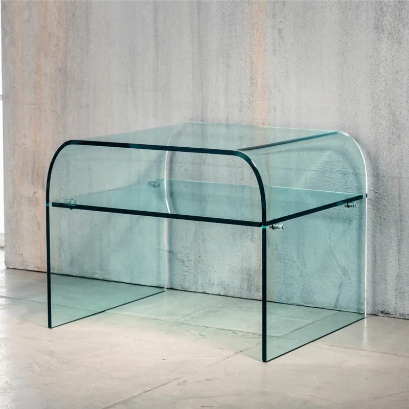Offerta Lampo Comodino In vetro curvato a caldo NOTTE Trasparente con un ripiano 52x44xh41 cm - 10 mm design e resistente e robusto trasparente Vetro Curvato