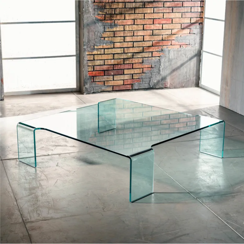 Novità Tavolino Da salotto quadrato basso di design vetro Curvato di design Trasparente 12 mm 100x100xh28 cm trasparente Vetro Curvato