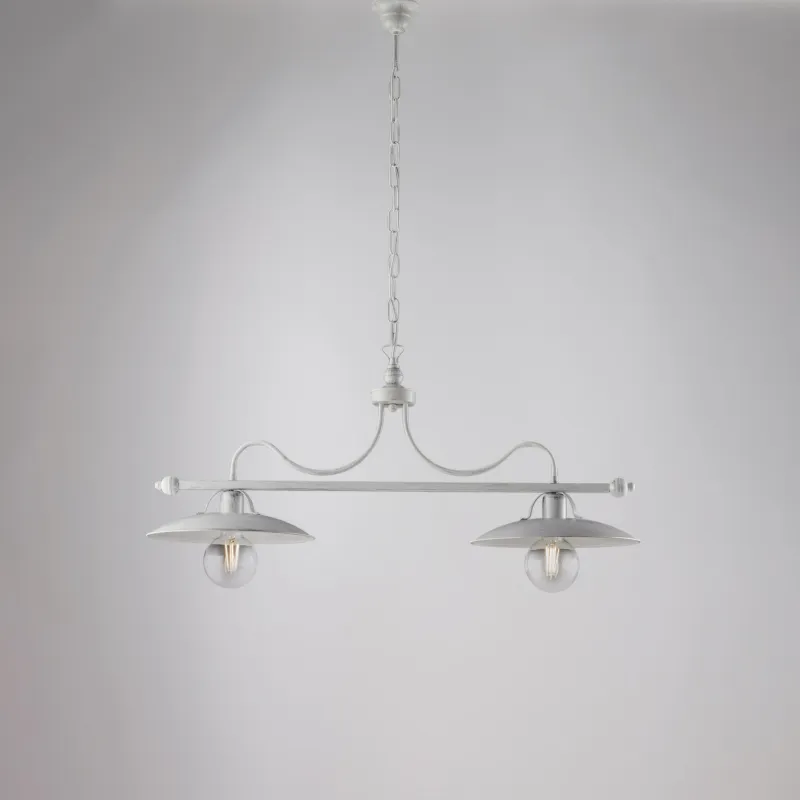 Lampadario Cantina in ferro laccato bianco con decorazione argento 2 luci , altezza 36 Cm, Cavo allungabile fino a 96 Cm, larghezza 87 Cm Be Light Spedito Oggi
