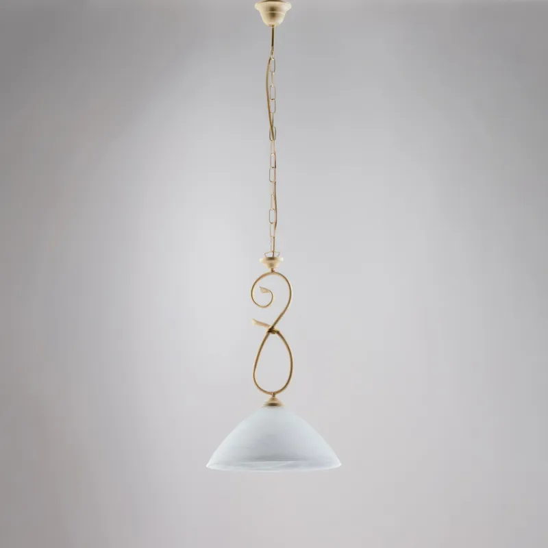 Lampadario Dallas in ferro laccato avorio con decorazione decapè e vetro alabastro biancho 1 luce, altezza 52 Cm, Cavo allungabile fino a 112 Cm, larghezza 30 Cm Be Light Compra Oggi Stesso