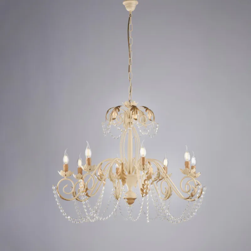 Lampadario Damasco in ferro laccato avorio con decorazione decapè e rifiniture oro con strass in cristallo 8 luci , altezza 70 Cm, Cavo allungabile fino a 130 Cm, larghezza 90 Cm Be Light Acquista Ora