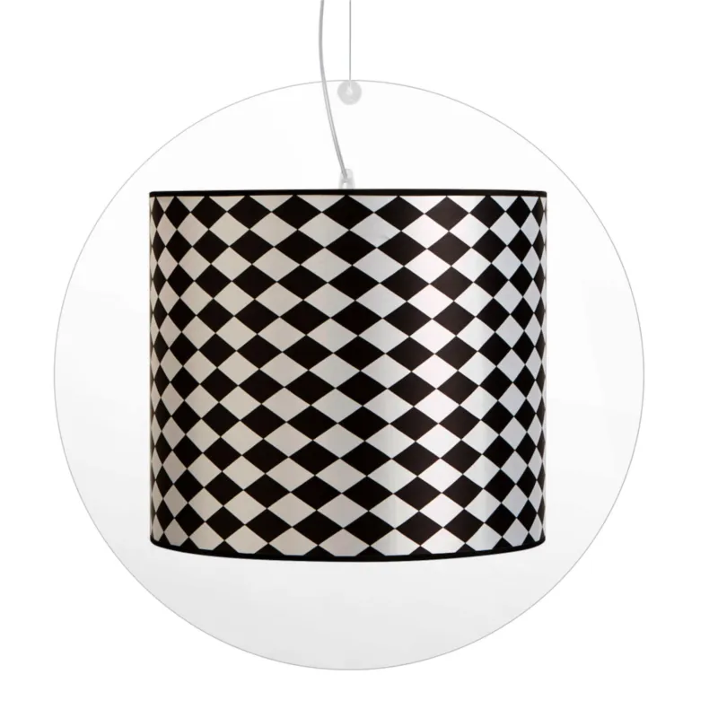 Lampadario a sospensione SIMONETTA in cristallo acrilico Diametro 60xh55 cm paralume realizzato in filo metallico rivestito di tessuto in cotone colore rombi bianchi neri Emporium Ordina Subito