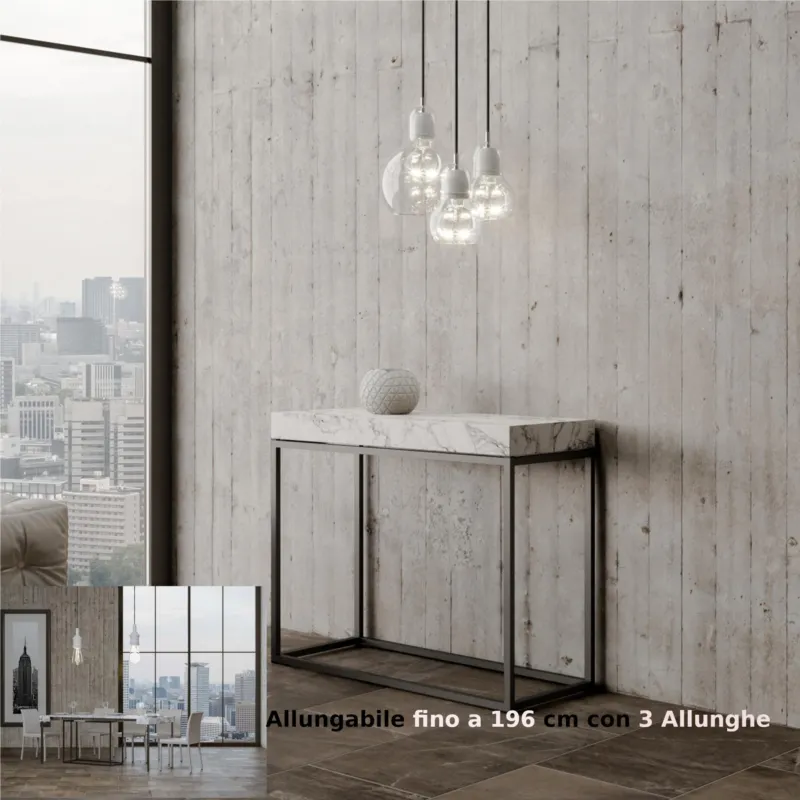 Tavolo Consolle Allungabile Small Bianco NORDICA 90x40xh77 cm Fino a 196 cm con tre elementi da 52 cm, tutto in legno di Frassino Piano Marmo Telaio antracite Itamoby Affare