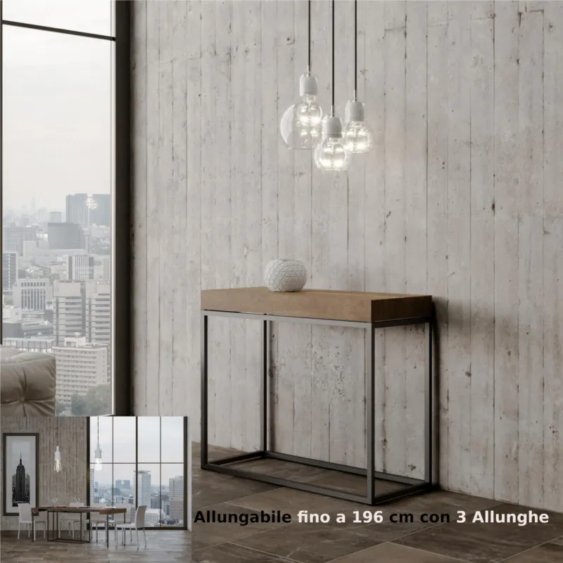 Tavolo Consolle Allungabile Small Bianco NORDICA 90x40xh77 cm Fino a 196 cm con tre elementi da 52 cm, tutto in legno di Frassino Piano Noce Telaio antracite Itamoby Prezzo Conveniente