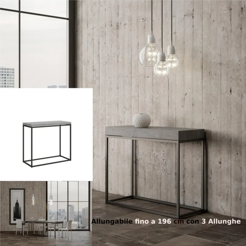 Tavolo Consolle Allungabile Small Bianco NORDICA 90x40xh77 cm Fino a 196 cm con tre elementi da 52 cm, tutto in legno di Frassino Piano Cemento Telaio antracite Itamoby Compra Adesso