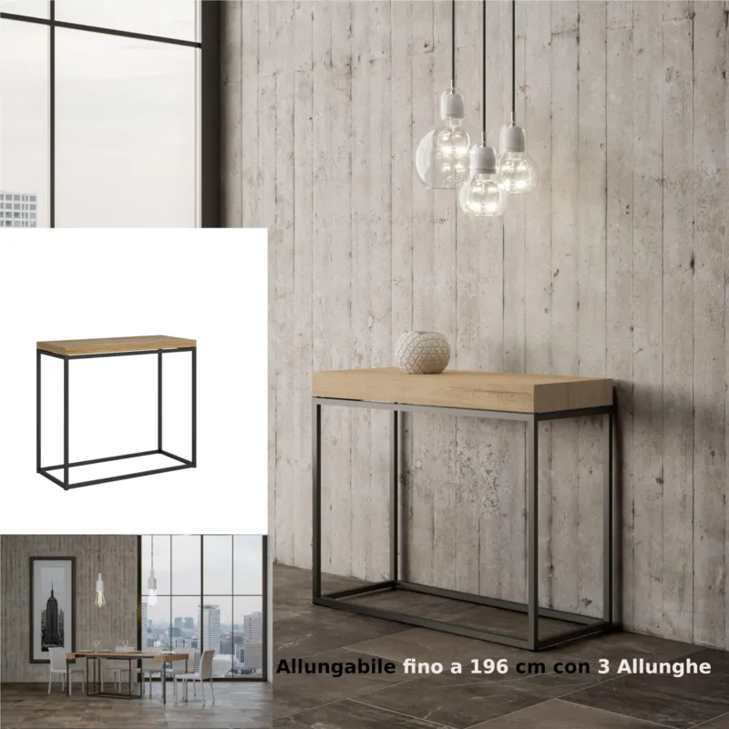 Quantità Limitata Tavolo Consolle Allungabile Small Bianco NORDICA 90x40xh77 cm Fino a 196 cm con tre elementi da 52 cm, tutto in legno di Frassino Piano Quercia Telaio antracite Itamoby