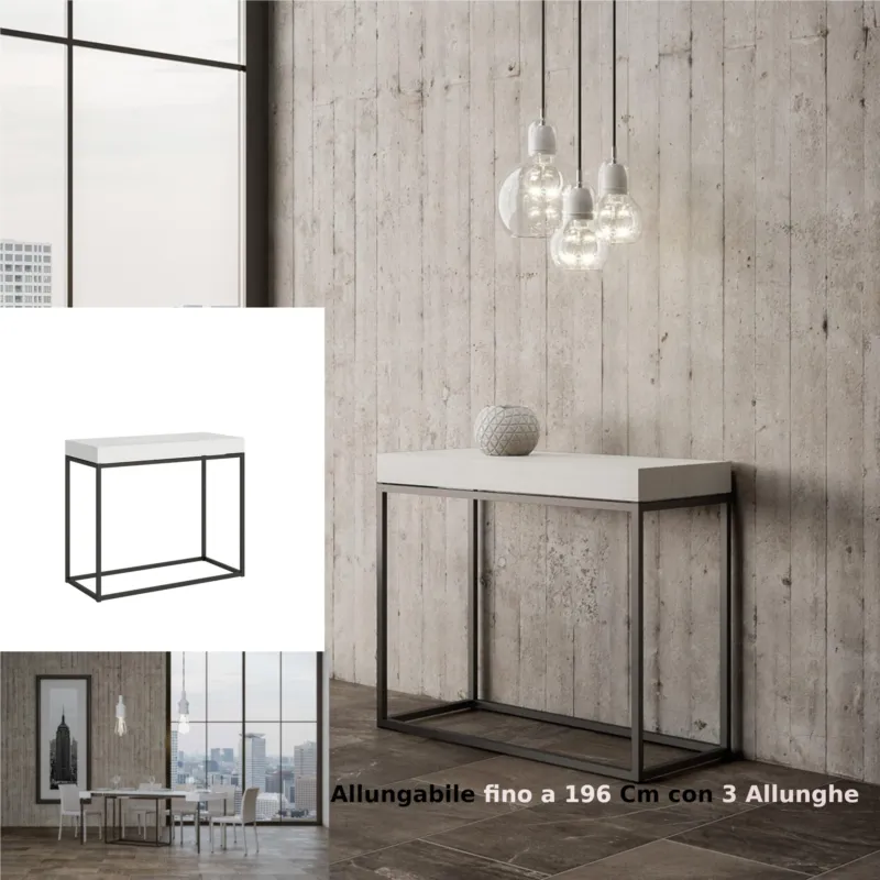 Tavolo Consolle Allungabile Small Bianco NORDICA 90x40xh77 cm Fino a 196 cm con tre elementi da 52 cm, tutto in legno di Frassino Piano bianco Telaio antracite Itamoby Promozione Esclusiva