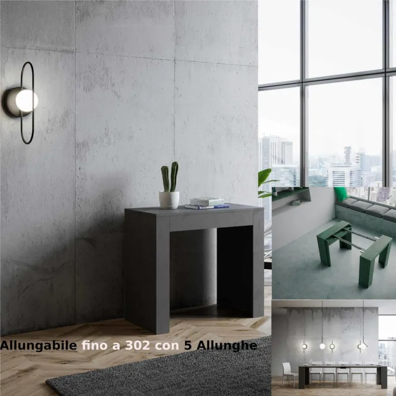 Tavolo Consolle Allungabile Big Bianco EMY fino a 302 cm con 5 elementi da 52 cm, tutto in legno di Frassino 90x42xh76,8 cm colore Antracite Itamoby Promozione