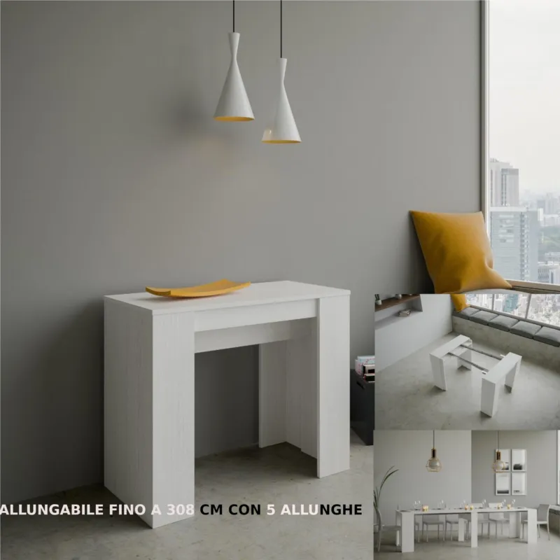 Tavolo Consolle Allungabile Big Basic fino a 308 cm con 5 elementi da 52 cm, tutto in legno di Frassino 90x48xh77 cm colore bianco frassino Itamoby Pagamento Sicuro