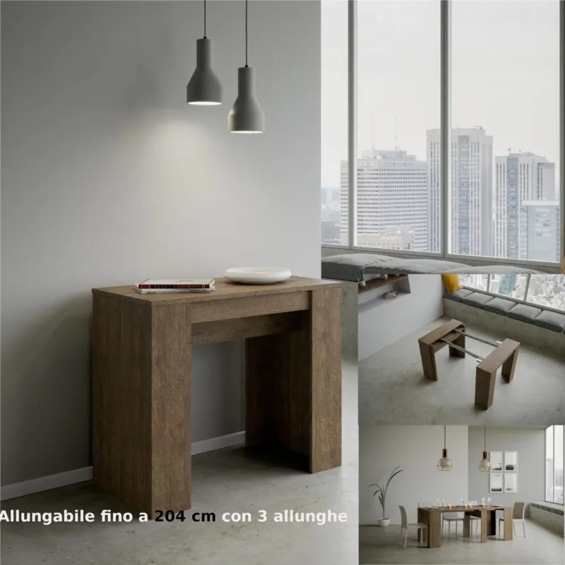 Tavolo Consolle Allungabile Small Basic fino a 204 cm con tre elementi da 52 cm, tutto in legno di Frassino 90x48xh77 cm colore Noce Itamoby Direttamente Dal Produttore