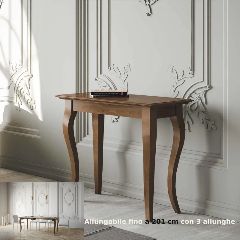 Quantità Limitata Consolle, salvaspazio allungabile Small Bassano Noce Allungabile fino a 201 cm con tre elementi da 52 cm, tutto in legno di Frassino 92x45xh77 cm colore Noce Itamoby