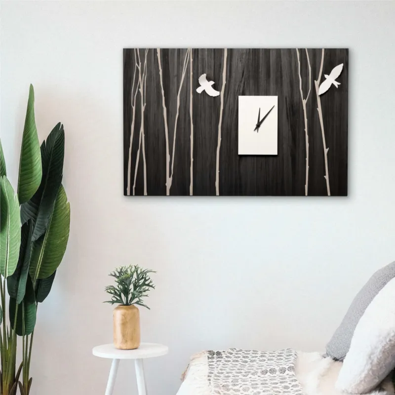 Prezzo Di Fabbrica Orologio da parete rettangolare il legno OSLO rami d‘inverno 60x40 cm in legno colore lavagna Applicazioni rami ed uccellini I Dettagli