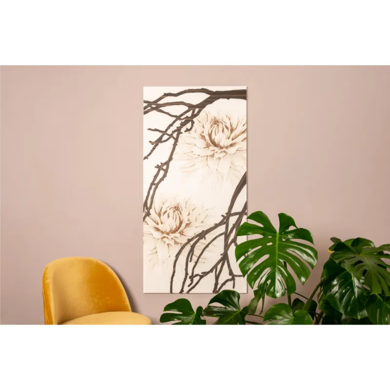 Promozione Esclusiva Pannello da parete in legno con marcatura al laser DALIA 60x120xh8 cm realizzato in legno laccato sabbia opaco con applicazioni in essenza di ebano. I Dettagli