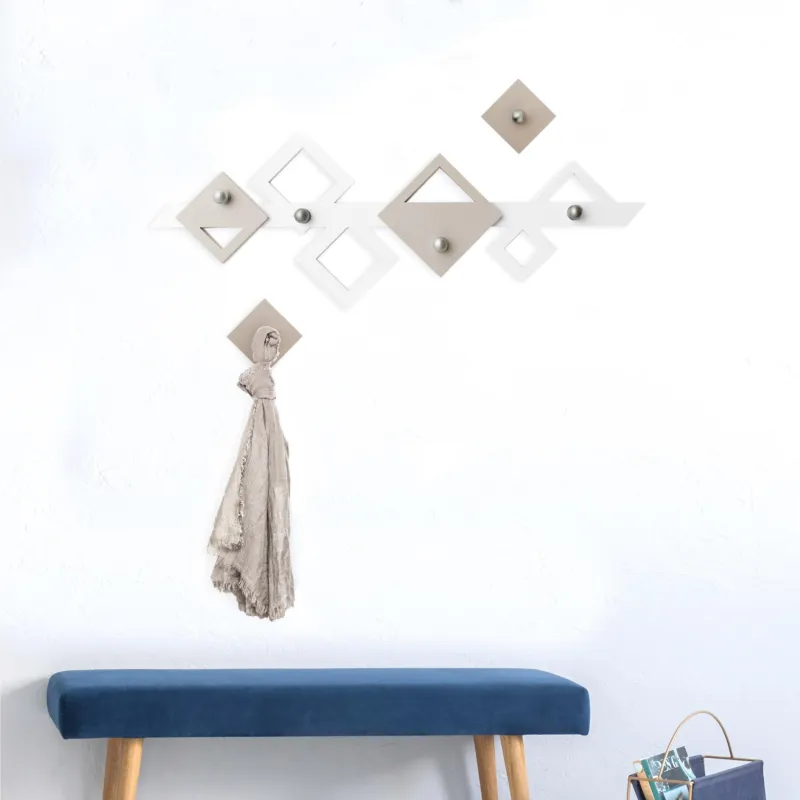 Appendiabiti da Parete in legno tagliato al laser KLEE 100x38xh8 cm- a rombi intrecciati in legno colore bianco, ghiaia I Dettagli Sconto