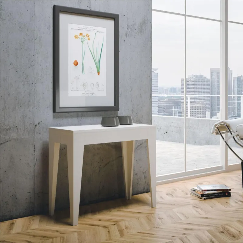 Tavolo Consolle Allungabile ISOTTA Small Bianco Allungabile fino a 198 cm con tre elementi da 52 cm, tutto in legno di Frassino 90x42xh77 cm colore bianco Itamoby Ultima Occasione