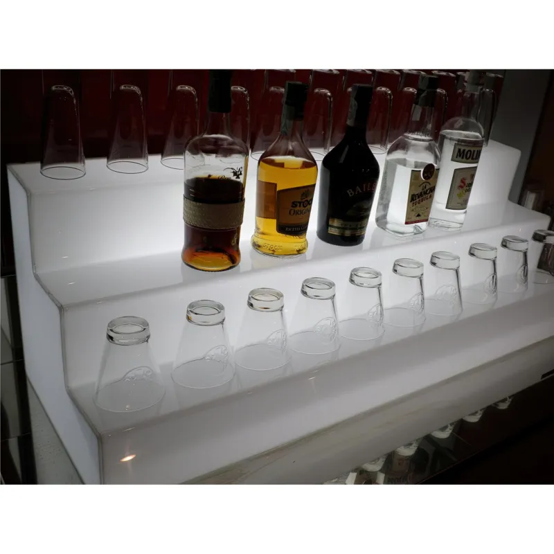 Spedizione Espresso Bottigliera luminosa realizzata con Telecomando in Plexiglass opalino. Gradinata a 3 livelli 100x32xh32 cm retroilluminata a LED in plexiglass trasparente luce RGB Plex Dautore