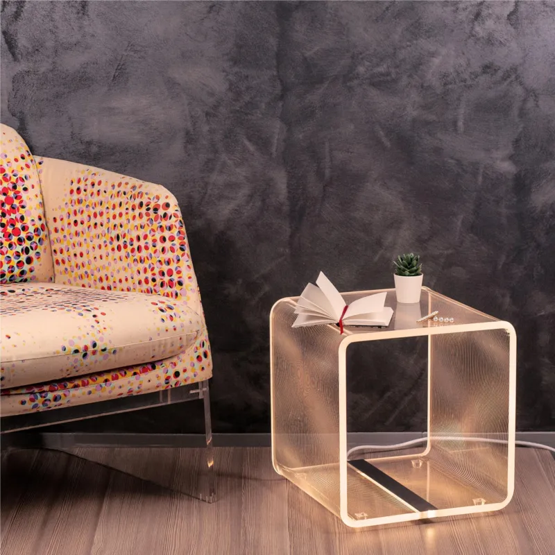 Lampada da tavolo Tavolino luminoso A CUBO LED EXTRA LARGE RGB 37,5x37x5x37,5 cm 15 W -6.000 K in Cristallo acrilico incisoFlots Vesta Reso Gratuito
