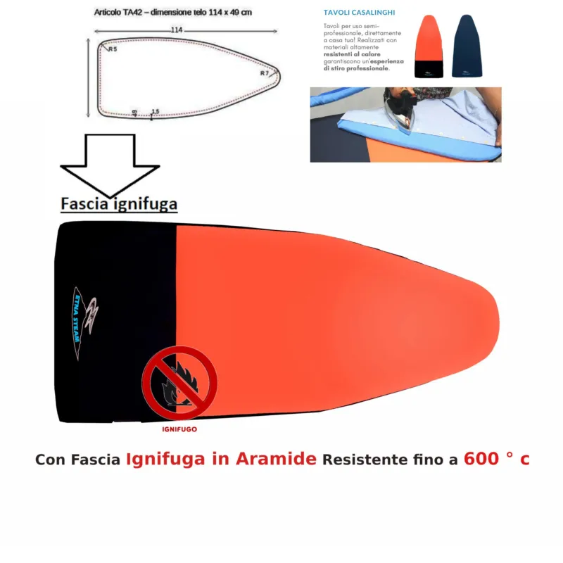A Buon Prezzo Copriasse con fascia ignifuga per assi da stiro con punta rotonda 114x49 cm per assi da Stiro con piano 110x45, tessuto con imbottitura 600 gr Arancio Etna Steam