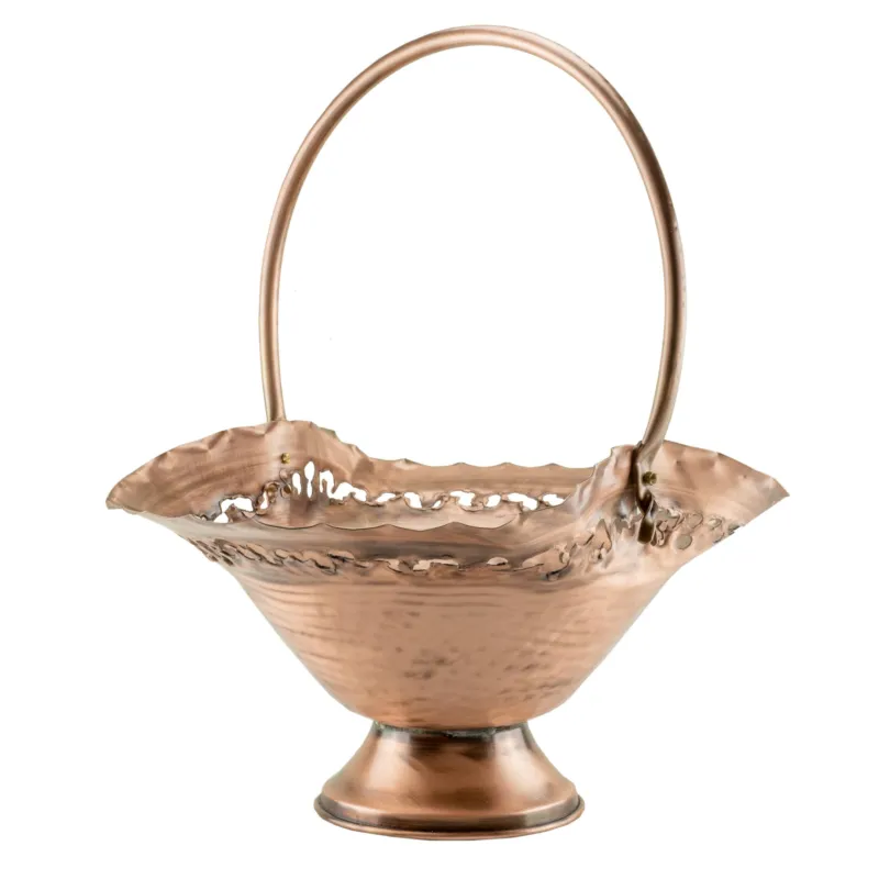 Popolare Cesto Caspò Centrotavola in rame cesellato a mano con Manico Diametro 26xh15 cm peso 680 gr con anelli in Ottone , Materiale 100% Rame Laramera