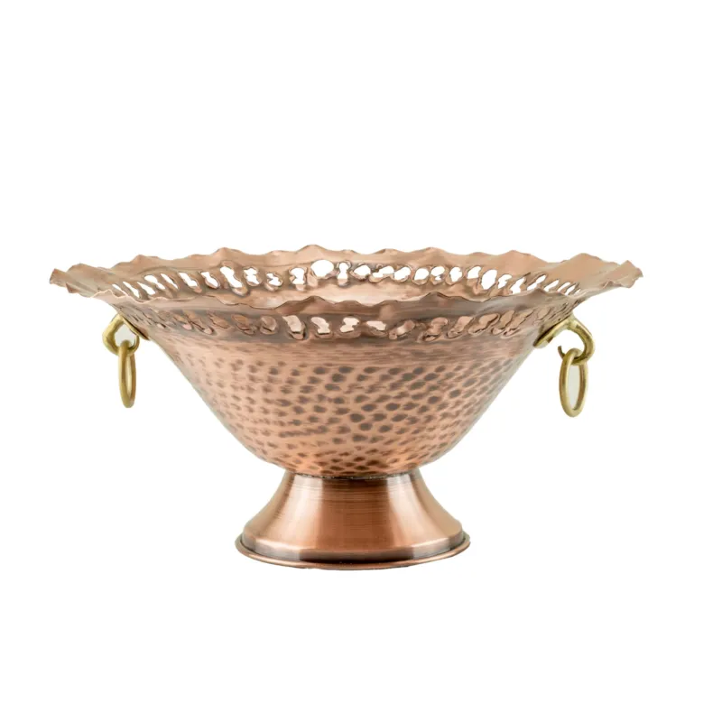 Cesto Caspò Centrotavola in rame cesellato a mano Diametro 26xh15 cm peso 650 gr con anelli in Ottone , Materiale 100% Rame Laramera Non Perdere