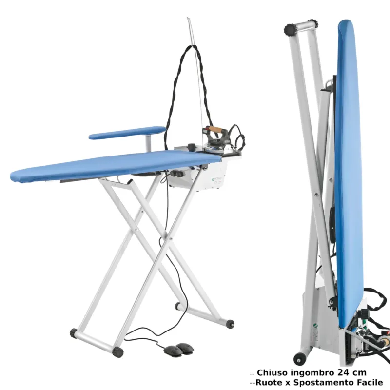 Tavola da stiro Professionale Prometeo Aspirante Riscaldato Pieghevole 136x44xh105 cm regolabile in altezza e pieghevole con caldaia inox manuale e ferro da stiro Battistella Prezzo Basso