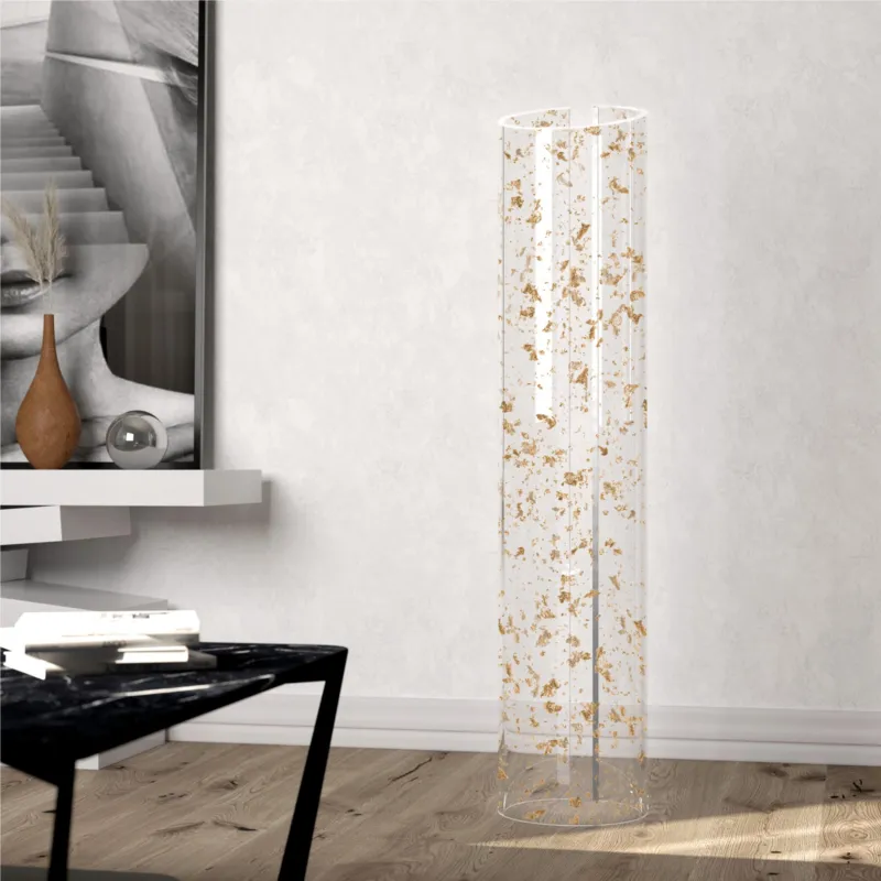 Lampada da terra, Wave realizzata con un’unica lastra di cristallo acrilico piegata a mano dimensioni 25x25xh 120 cm, spessore 10 mm foglie Oro Vesta Offerta