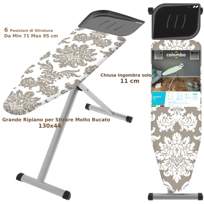 Asse da Stiro da Stiro AVANGARDE PLUS piano di stiratura 130x44 cm - peso 7,5 kg 6 posizioni chiusa ingombra solo 6,5 cm, min 71 max 95 regolabile Made in italy Colombo New Scal Di Tendenza