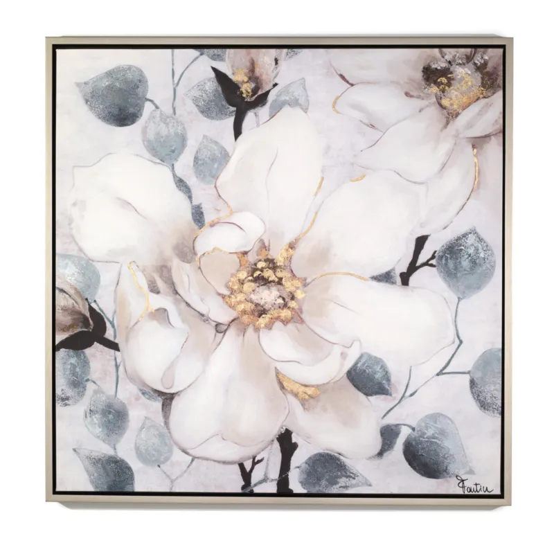 Esclusivo Pannello da parete, quadro con cornice Fiore Bianco 100x100x1,6 cm orizzontale pannello in legno colore marrone disegnato su tela a rilievo Fantin Argenti