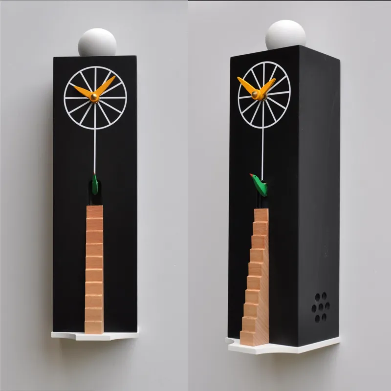 Offerta Orologio Cucù da parete o appoggio QQ Ziggurat 10,5x12xh38 cm cassa in MDF laccato , Uccellino in legno intagliato a mano nero Pirondini