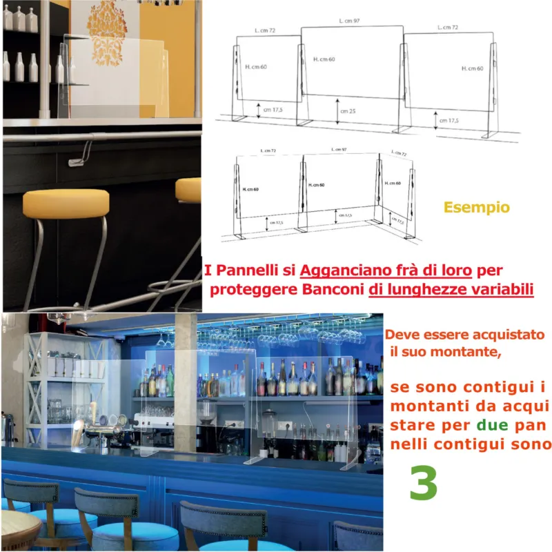 Barriera Parafiato per spazi ristorante, bar in plexiglass Modulabile 72xh60 cm - spessore mm per attività che necessitano di protezione si possono agganciare frà di loro per banconi Emporium Non Perdere