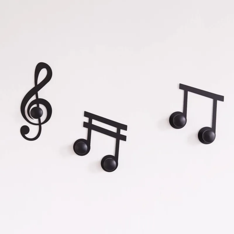 Set Appendi Abiti Note Musicali 3pz in metallo, 12x30h+2(20x20), colore Nero Goffrato Arti e Mestieri Di Tendenza