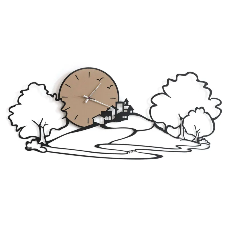 Orologio da parete Orologio ispirato alla natura e al paesaggio grazie alle linee che tracciano il profilo di esso con alberi e case su una collina PAESAGGIO in metallo, 98x h43 cm, colore Nero Goffrato Arti e Mestieri Super Prezzo