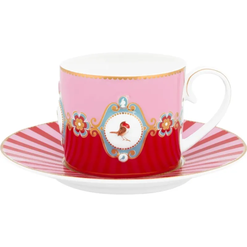Love Birds - Tazza Cappuccino con Piattino,Rosso/Rosa Prezzo Scontato