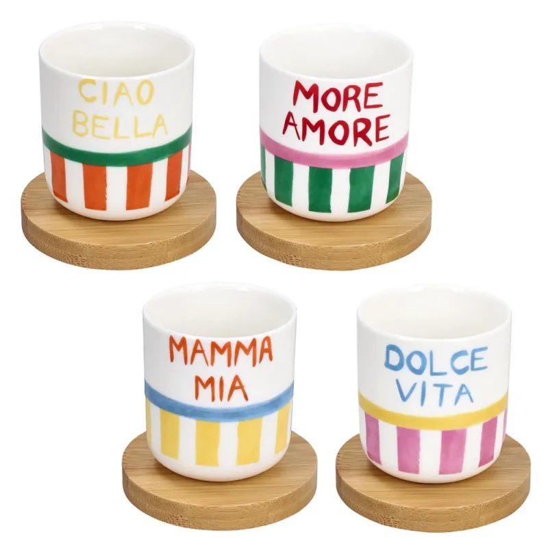 Occasione Imperdibile Set 4 bicchieri caffè con piatto 110 cc Viva L‘Italia New Bone China Multicolor