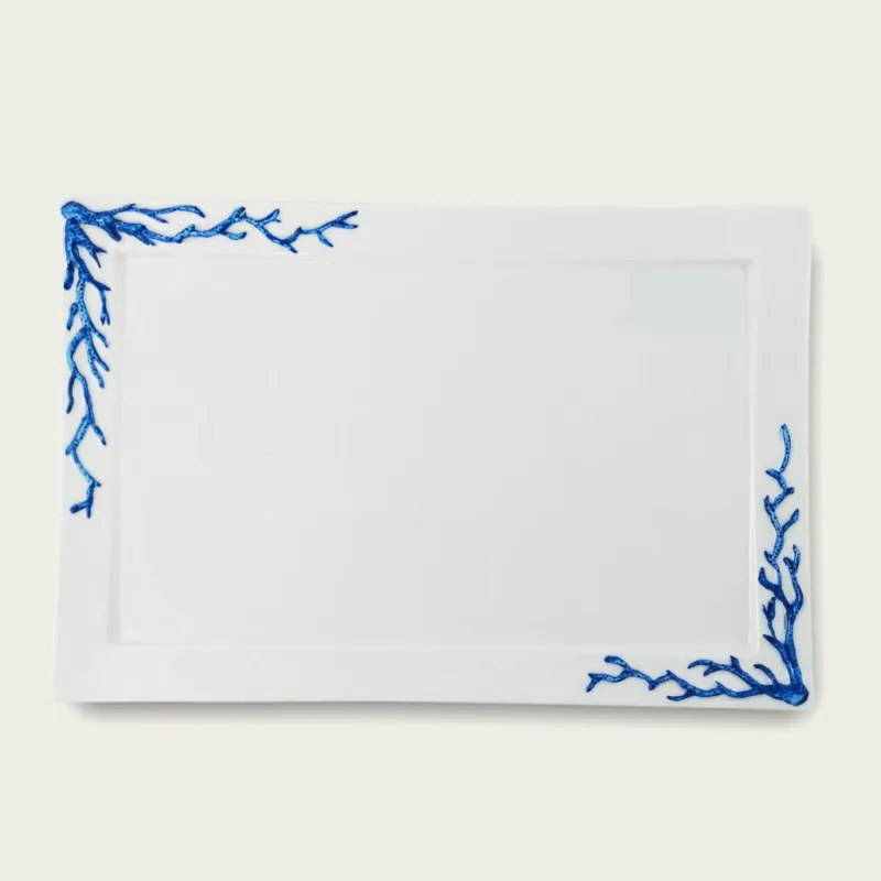 Vassoio Rettangolare In Porcellana Fantasia Coral Blu Novità