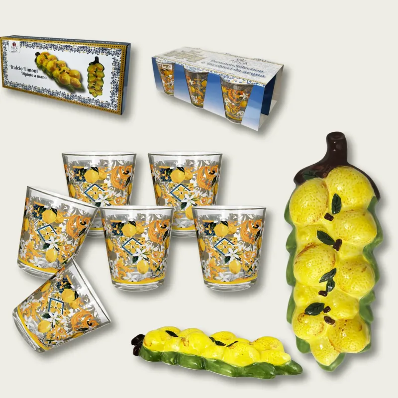 Tralcio Limoni In Ceramica E Set 6 Bicchieri Lemon In Vetro 30Cl Spedizione Espresso