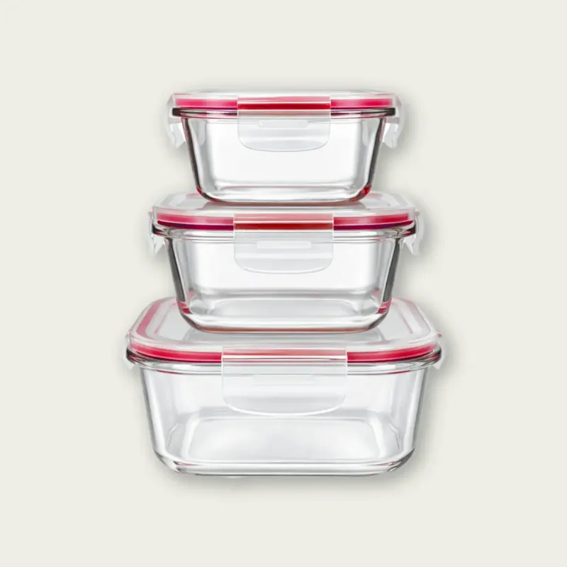 Vendita Finale Set 3 Contenitori Quadrati Ermetiko Con Coperchio In Vetro,rosso