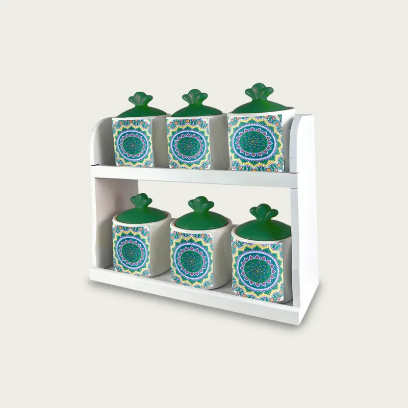Offerta Lampo S/6 Barattoli Kyoto In Ceramica Verde Con Mensoletta