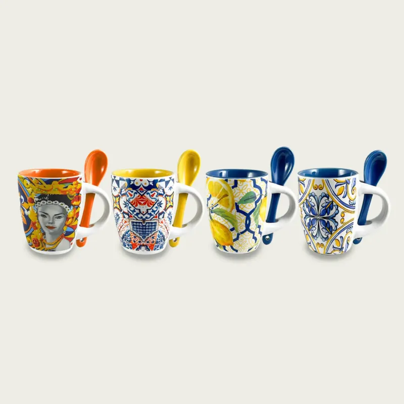A Buon Prezzo Set 4 Tazze Caffè Con Cucchiaino Maioliche