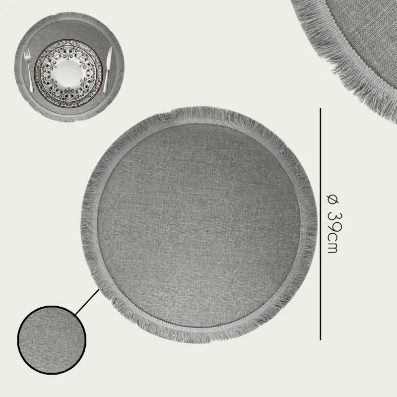 Tovaglietta Tonda Con Frangia Ø 39 cm Poliestere,grigio Popolare