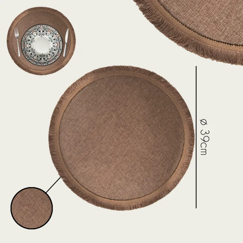 Tovaglietta Tonda Con Frangia Ø 39 cm Poliestere,set-6-tovagliette-piu-conveniente-marrone Spedito Oggi