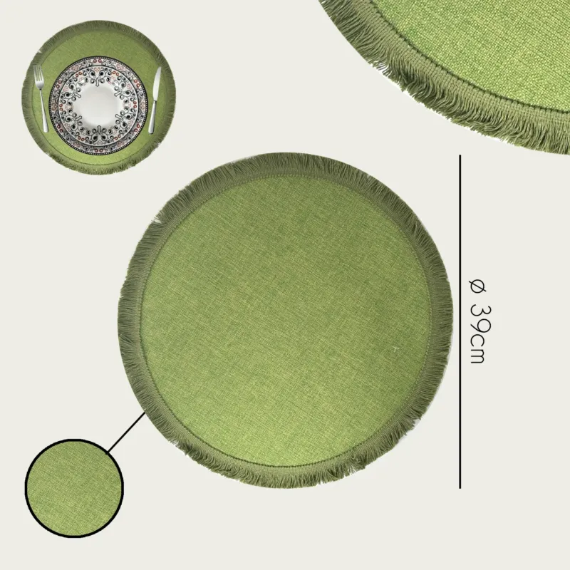 Spedizione Espresso Tovaglietta Tonda Con Frangia Ø 39 cm Poliestere,set-6-tovagliette-piu-conveniente-verde