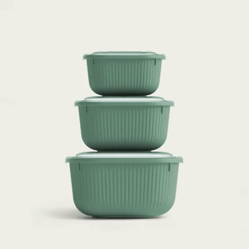 Spedito Oggi Set 3 Contenitori Rettangolari Fresco Box Lines In Plastica,verdone