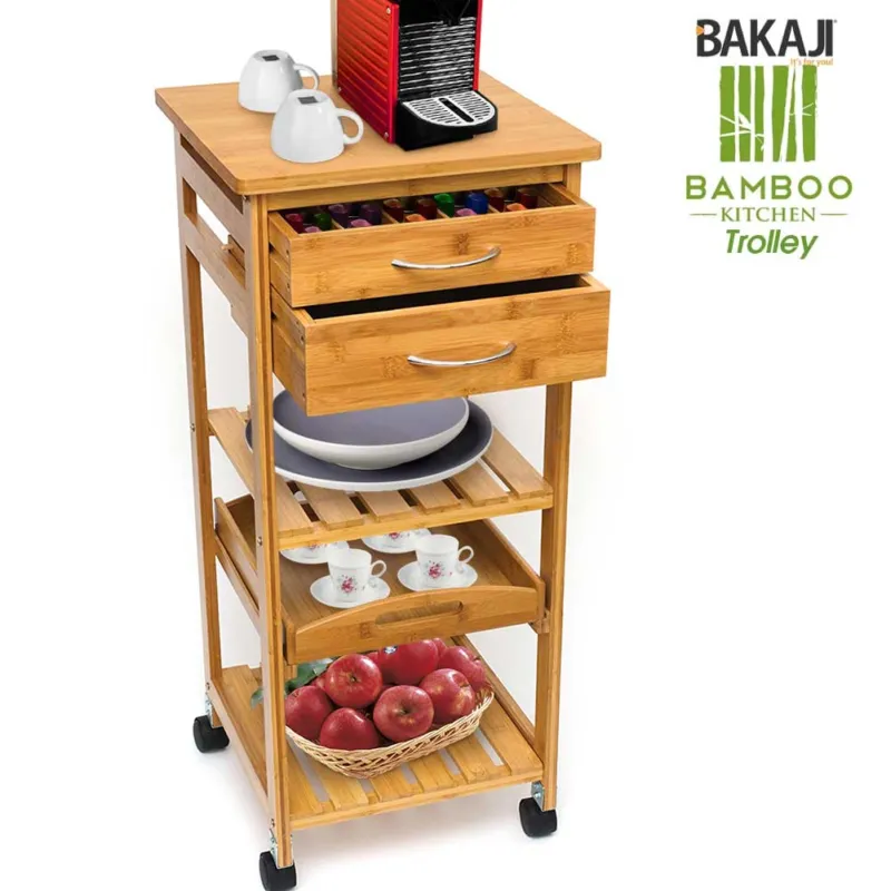 Ultima Occasione Carrello Cucina In Legno Bambu 3 Ripiani 2 Cassetti Portaposate Vassoio Ruote