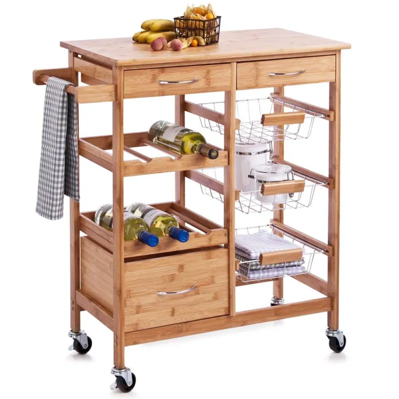 Carrello Cucina Legno Bambu 2 Cassetti Portaposate Portabottiglie 3 Ceste Ruote Economico